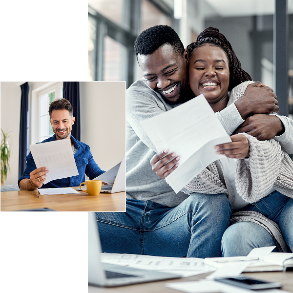 Happy couple and man reading papers.