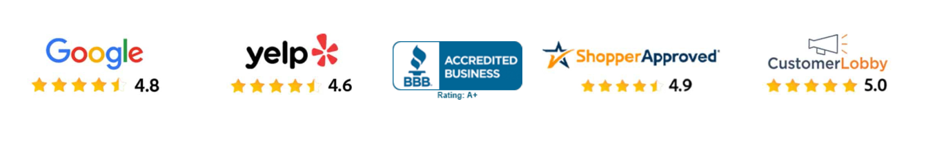Ratings from Google, Yelp, BBB, Shopper Approved.