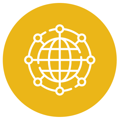 Globe network icon on yellow background.